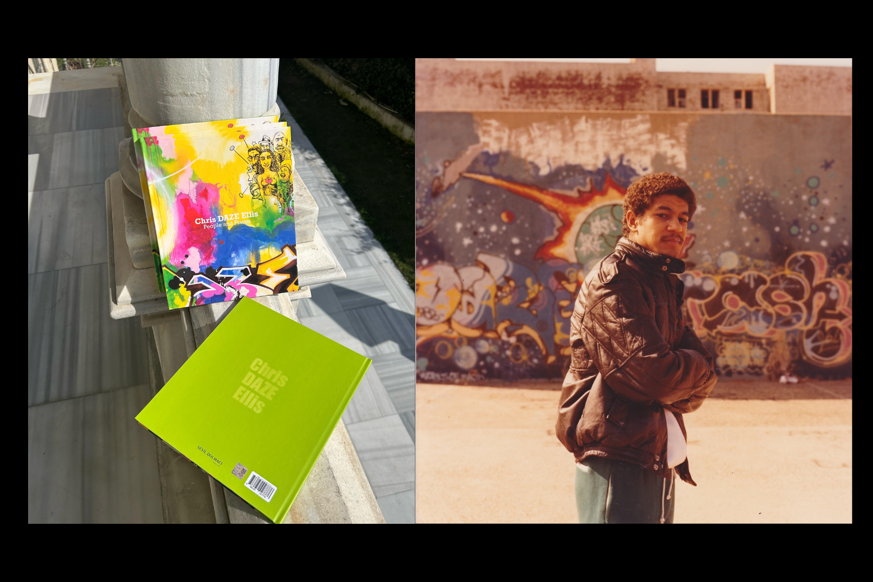Image of "People and Places" book front cover and back cover, Right: Image of Chris " DAZE" Ellis 